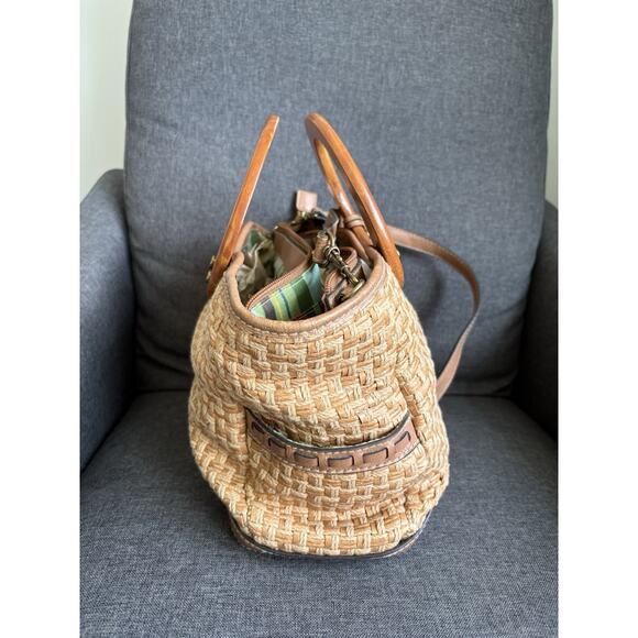 Vtg Fossil Woven Straw Brown Leather Shoulder Bag Wooden Handle Purse Key Charm - Picture 2 of 10